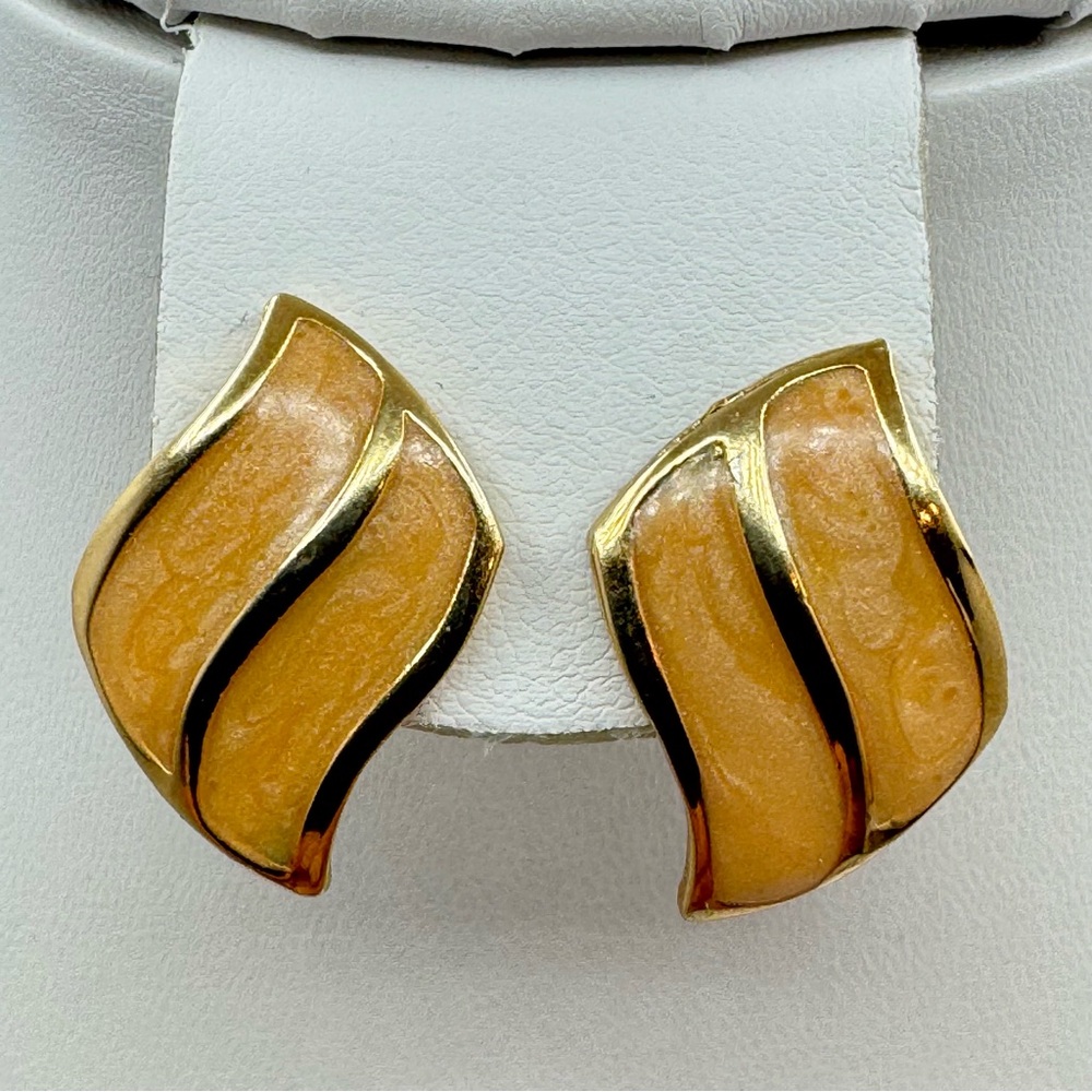 Gold Tone Amber Enamel Wave Stud Earrings | Vintage Modern Statement